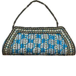 Vintage Blue & Gold Handbag With Beaded Strap & Intricate Embroidery